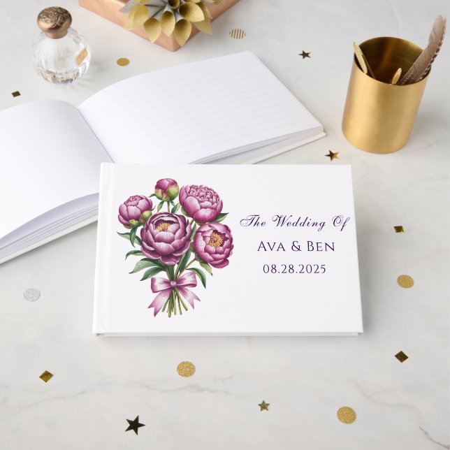 Livro De Visitas Casamento Floral de Púrpura Elegante (Frente aberta)