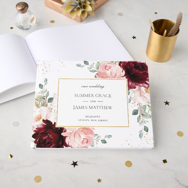Livro De Visitas Casamento Floral de Rosas Rosa Escamosas Luxe Burg (Frente aberta)