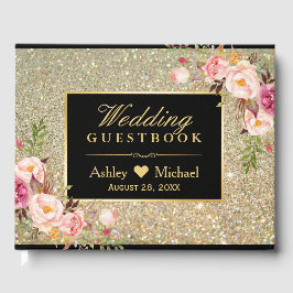 Livro De Visitas Casamento Floral Dourado com Brilhantes Pretos