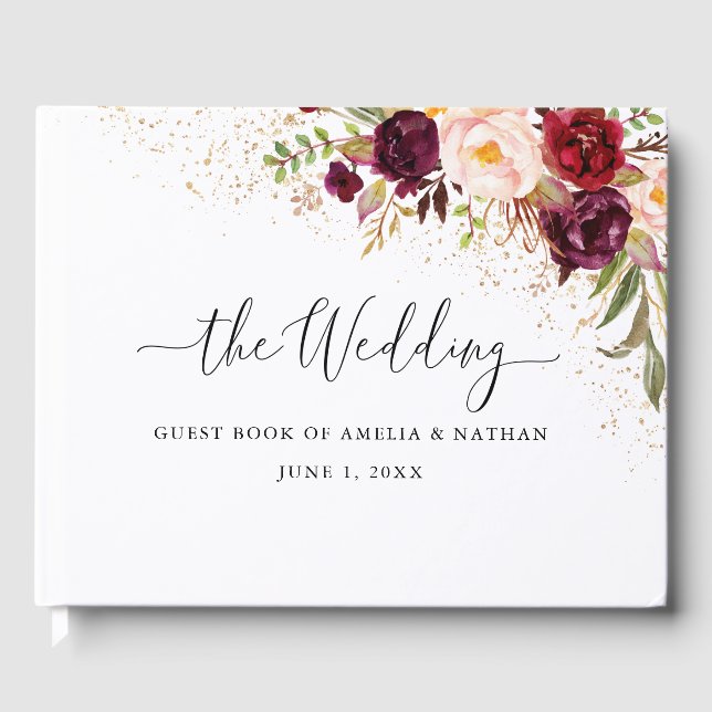 Livro De Visitas Casamento Floral Dourado de Poeira Burgundy (Frente)