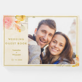 Livro De Visitas Casamento Floral Dourado de Watercolor Foto Elegan