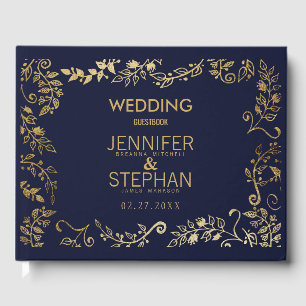 Livro De Visitas Casamento floral Dourado dos azuis marinhos