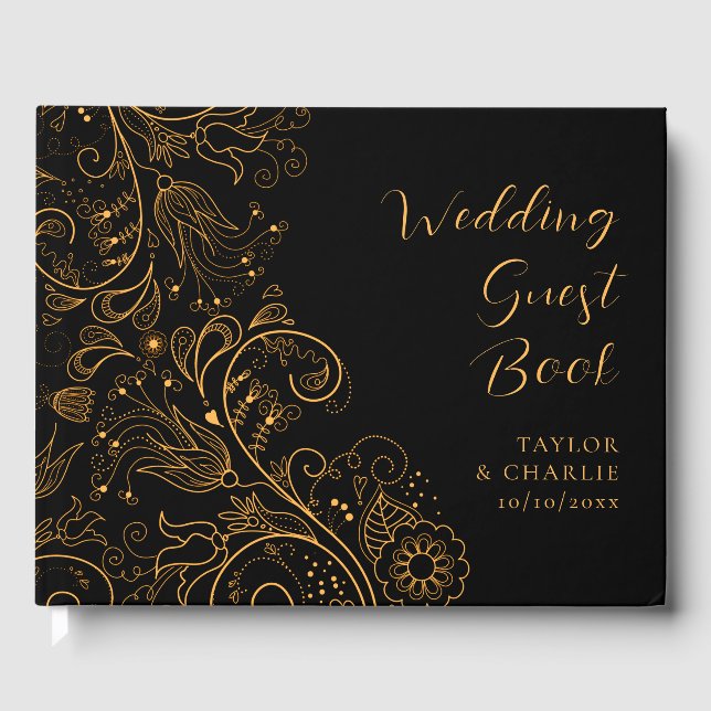 Livro De Visitas Casamento Floral Elegante Dourado e Negro (Frente)