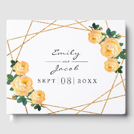 Livro De Visitas Casamento Floral Elegante Dourado Geo Orange