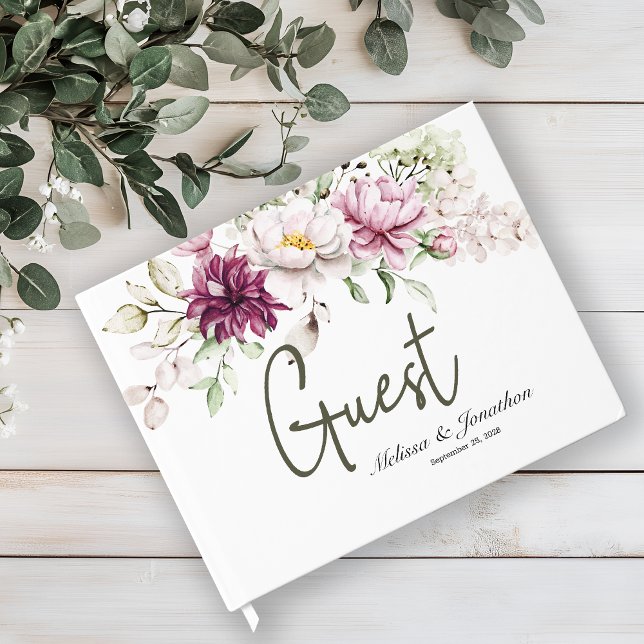 Livro De Visitas Casamento Floral Elegante Rosa Burgundy (Criador carregado)