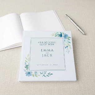 Livro De Visitas Casamento floral em aquarela azul elegante