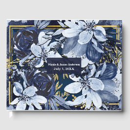 Livro De Visitas Casamento Floral em Aquarela Moderna em Azul Marin