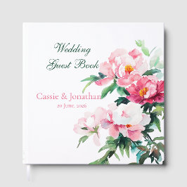 Livro De Visitas Casamento Floral em Aquarela Peônia Rosa