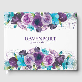 Livro De Visitas Casamento Floral em Aquarela Roxo Azul Elegante