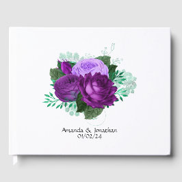Livro De Visitas Casamento Floral em Aquarela Roxo e Verde