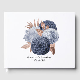 Livro De Visitas Casamento Floral em Azul Poento e Dourado Rosa