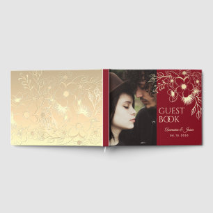 Livro De Visitas Casamento Floral Foto Dourado Borgonha