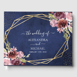 Livro De Visitas Casamento Floral Geométrico Marinho Azul