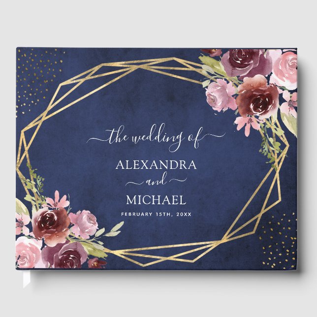 Livro De Visitas Casamento Floral Geométrico Marinho Azul (Frente)
