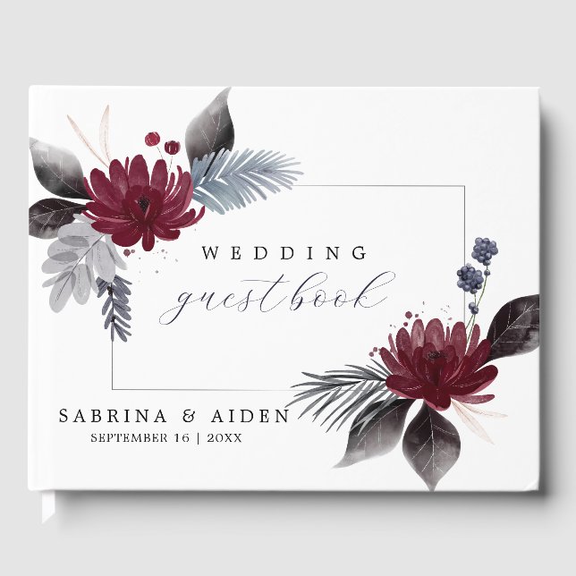 Livro De Visitas Casamento Floral Gótico Vermelho marinho Azul Borg (Frente)
