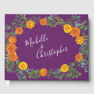 Livro De Visitas Casamento Floral Laranja e Roxo Peônia e Rosa