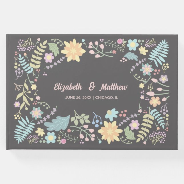 Livro De Visitas Casamento Floral Moderno de Aqua Rosa-Esmagada cin (Frente)