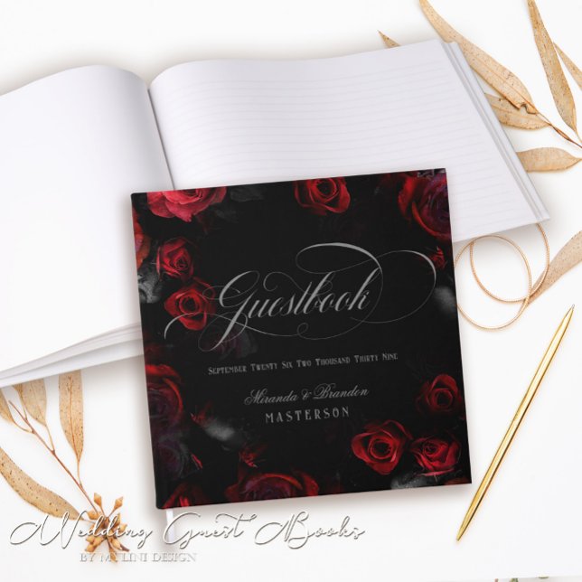 Livro De Visitas Casamento Floral Negro e Vermelho Elegante Persona (Criador carregado)