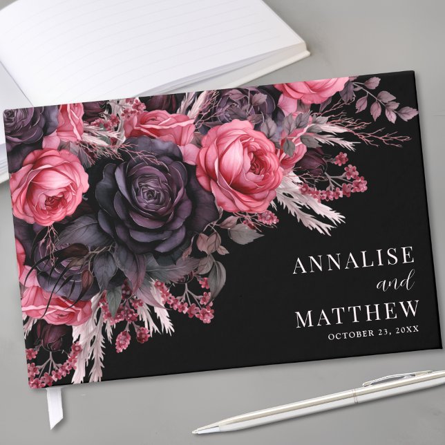 Livro De Visitas Casamento Floral Negro Gótico (Gothic Black Floral Wedding Guest Book)