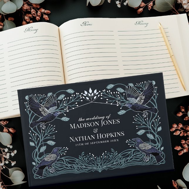 Livro De Visitas Casamento Floral Raven Gótico Encantado de Prata (Criador carregado)
