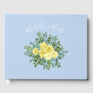 Livro De Visitas Casamento Floral Rosa Amarelo Claro e Azul Pálido