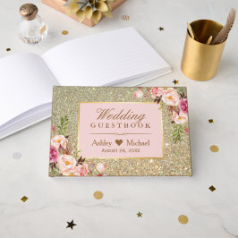 Livro De Visitas Casamento Floral Rosa Dourado Blush Blush