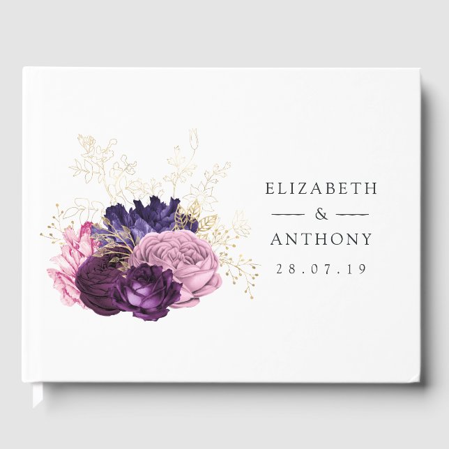 Livro De Visitas Casamento Floral Rosa e Roxo (Frente)