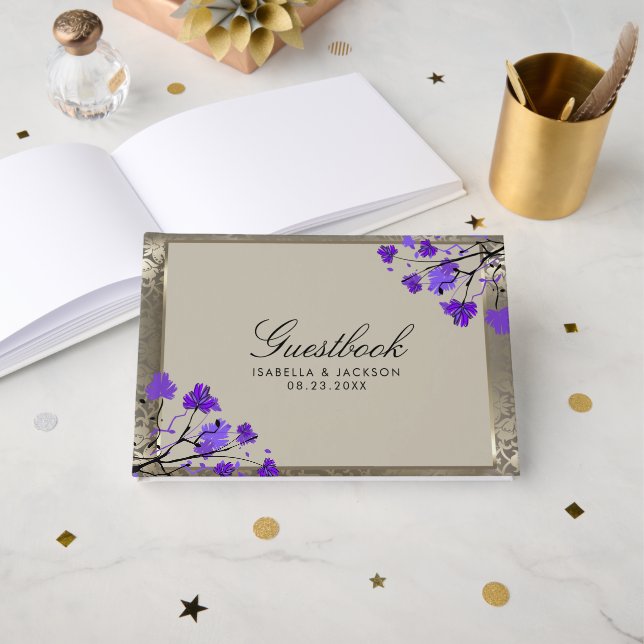 Livro De Visitas Casamento Floral Roxo e Prata Antiga (Frente aberta)