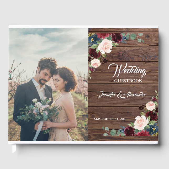 Livro De Visitas Casamento Floral Rustic Marsala Wood (Frente)