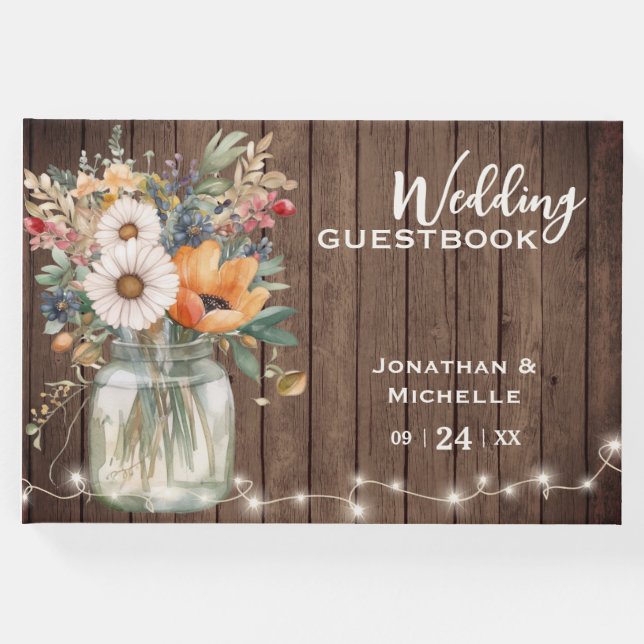 Livro De Visitas Casamento Floral Rustic Wildflower Barn Wood Count (Frente)