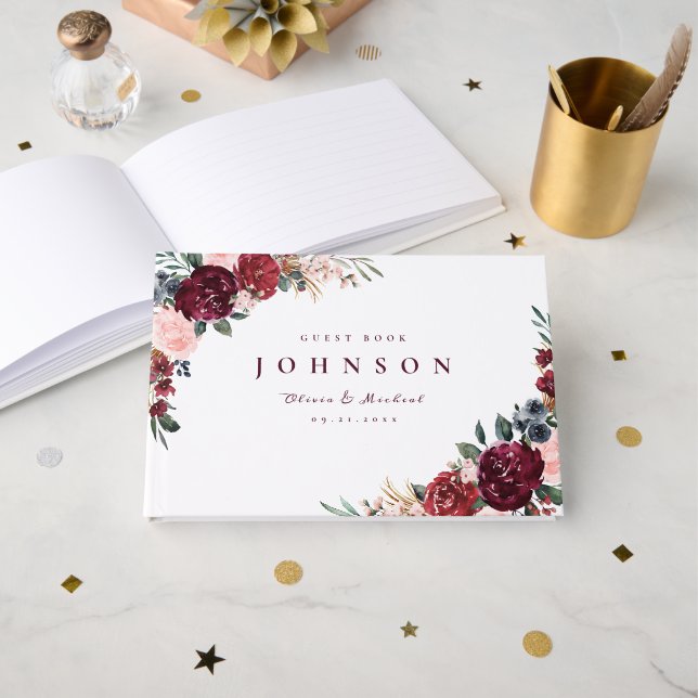 Livro De Visitas Casamento floral rústico de bragundia (Frente aberta)