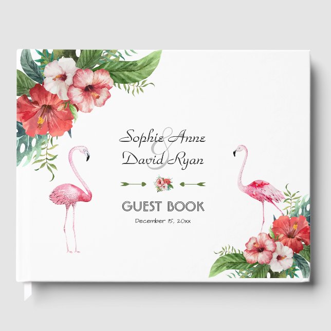 Livro De Visitas Casamento Floral Tropical Charm Luau Flamingo (Frente)