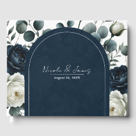 Livro De Visitas Casamento Floral Verde Moderno Azul Escuro e Branc
