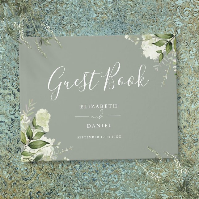 Livro De Visitas Casamento Floral Verde Oliva Vegetação (Greenery Floral Sage Green Wedding Guest Book)