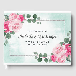 Livro De Visitas Casamento Floral Verde Rosa e Silver Watercolor