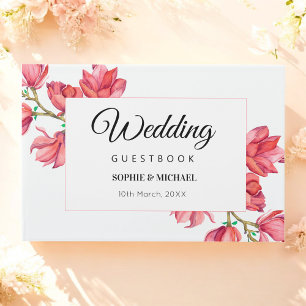Livro De Visitas Casamento Floral Vermelho Cor-de-Rosa Magnolia