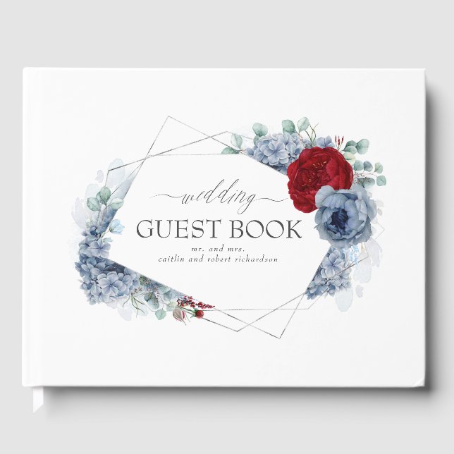 Livro De Visitas Casamento Floral Vermelho e Azul Dusty (Frente)
