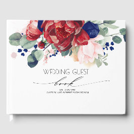 Livro De Visitas Casamento Floral Vermelho marinho Azul e Borgonha