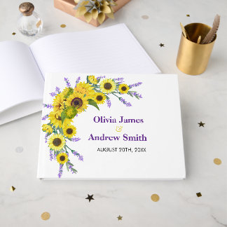 Livro De Visitas Casamento Floral Vintage de Girassol e Lavanda