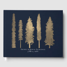 Livro De Visitas Casamento Floresta Escura Azul e Dourada Árvores S