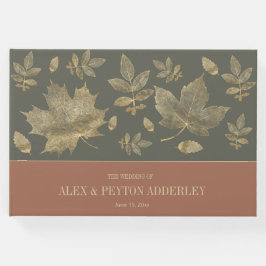 Livro De Visitas Casamento Folhas de Outono Dourado Verde Musgo Fer