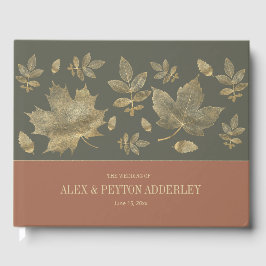 Livro De Visitas Casamento Folhas de Outono Dourado Verde Musgo Fer