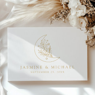 Livro De Visitas Casamento Foto Lua e Estrelas Elegantes Dourado