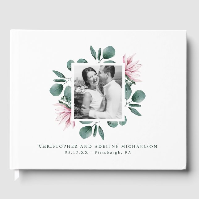 Livro De Visitas Casamento Fotográfico de Moldura Verde Elegante (Frente)