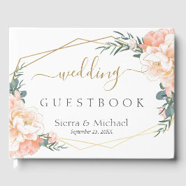Livro De Visitas Casamento Geométrico Dourado com Creme Floral Eleg