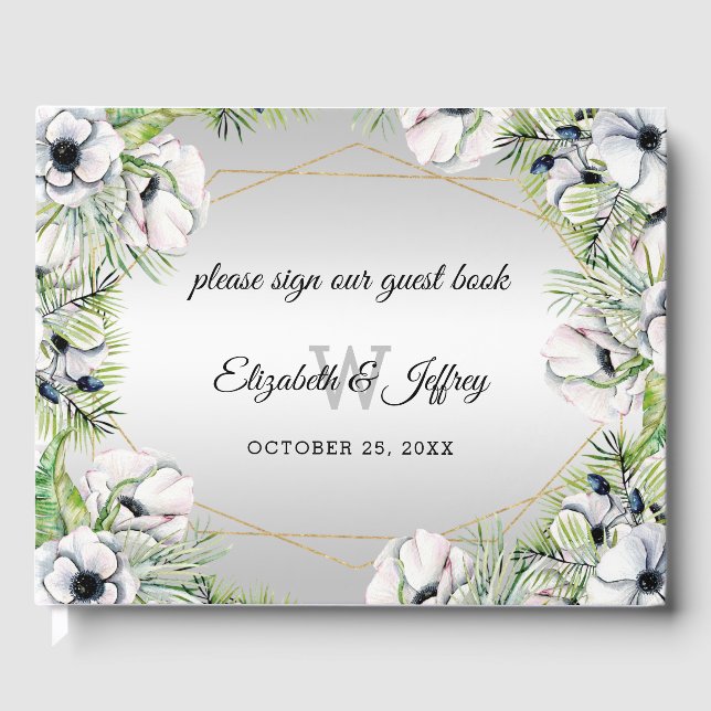 Livro De Visitas Casamento Geométrico Dourado da Anêmona Branca de  (Frente)