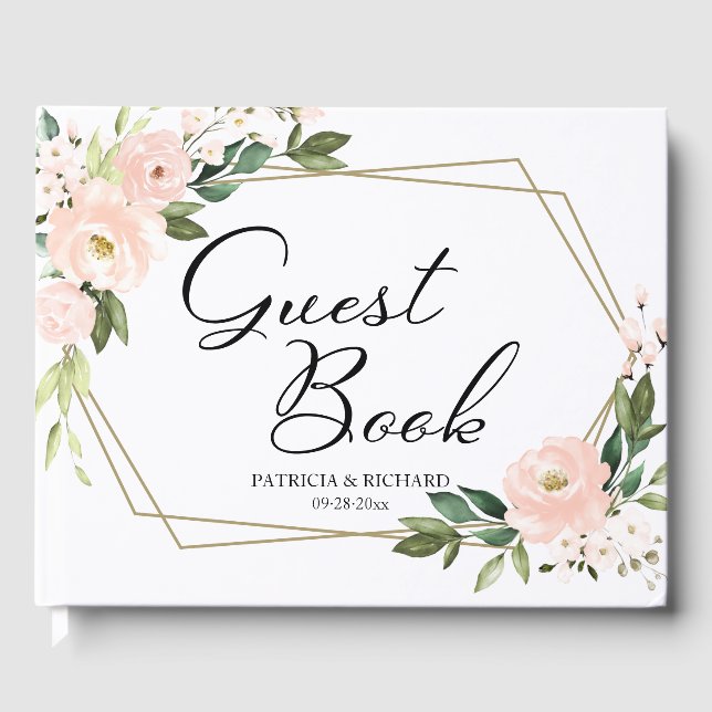 Livro De Visitas Casamento Geométrico Dourado Floral Rosa Blush (Frente)
