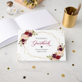 Livro De Visitas Casamento Geométrico Dourado Floral Vermelho Burgu
