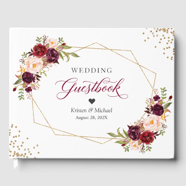Livro De Visitas Casamento Geométrico Dourado Floral Vermelho Burgu (Frente)