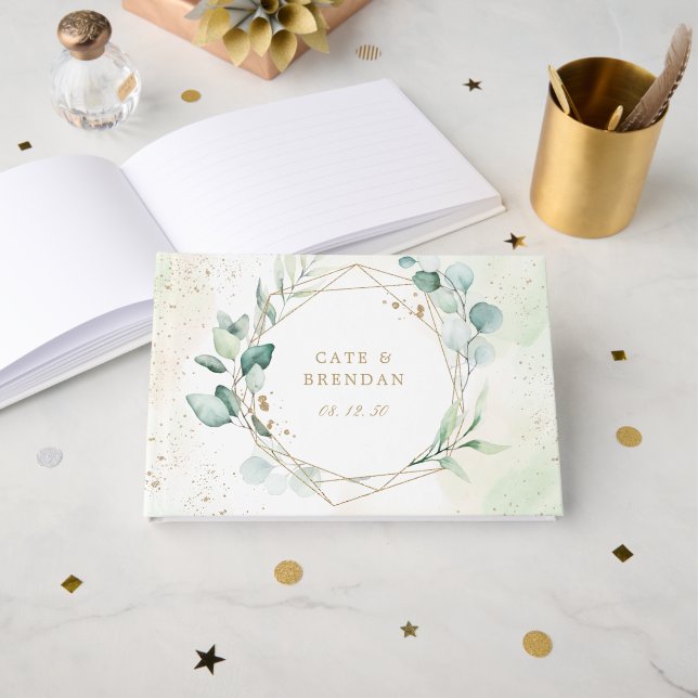 Livro De Visitas Casamento Geométrico Elegante Eucalyptus Greenery  (Frente aberta)